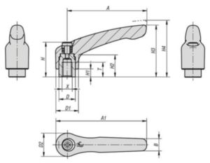 KIPP Clamping levers, internal thread Silver Die cast zinc/stainless steel 1.4305 Plastic coated/bright