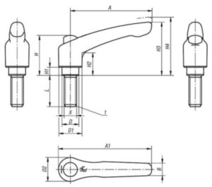 KIPP Clamping levers, external thread with cap Black Die cast zinc/stainless steel 1.4305 Plastic coated/bright