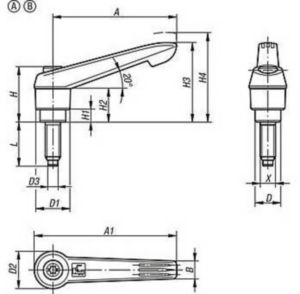 KIPP Clamping levers with thrust pad Aço 5,8, pino Latão, cabo de plástico Oxidado preto