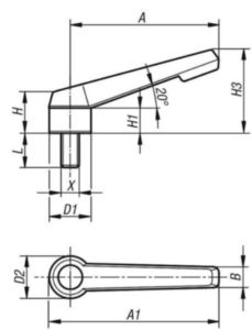 KIPP Clamping levers, external thread, non-adjustable Czarny Stal 5.8/tworzywo sztuczne Ocynkowane