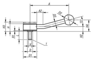 KIPP Tension levers, flat, 15 degrees, external thread Aço 5.8 / plástico Oxidado preto