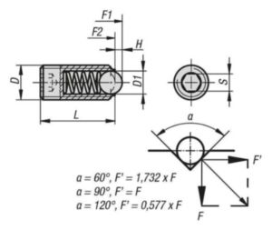 Poussoir à ressort avec six pans creux et bille, ressort standard Acier inoxydable, bille en céramique