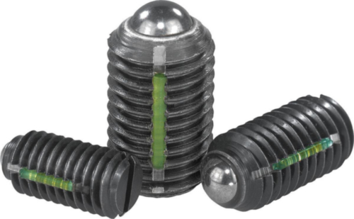 Spring plungers with slot and ball, LONG-LOK secured standard spring force Steel 5.8 Black oxide