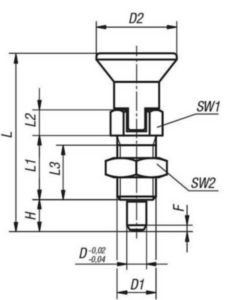 KIPP Indexing plungers with extended pin, lockout type, with locknut Metrický jemný závit Nerezová ocel 1.4305, tvrzený čep, plastová rukojeť