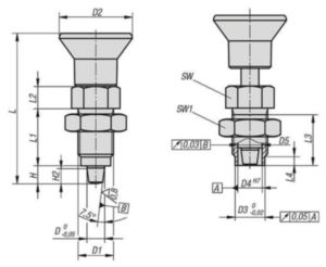 KIPP Indexing plungers with cylindrical pin, premium Filet metric fin Otel 5.8, maner plastic Oxid negru