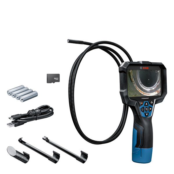 BOSCH Inspection Camera GIC 12V-5-27 C (4x battery 1.5V LR6 (AA), battery adapter AA1, GIC camera cable (Ø 8.3 mm, 150 cm long), hook, magnet, mirror, USB-C cable, 32GB microSD card)