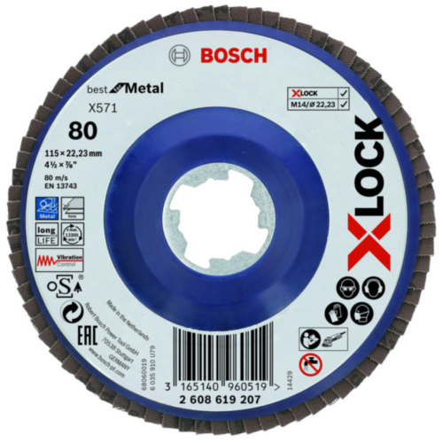 BOSCH X-LOCK lamellenschuurschijven, rechte uitvoering, kunststofplaat, Ø 115 mm, K 80, X571, Best for Metal, 1-delig