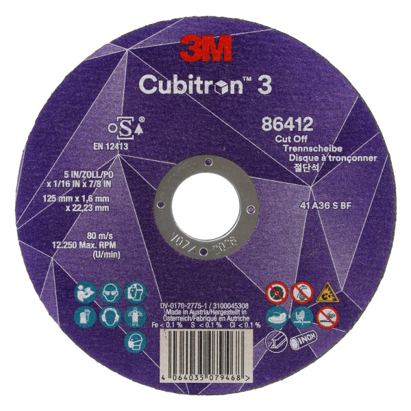 3M Cubitron 3 cut-off wheel, 89573, 36+, T41, 115 mm x 1,6 mm x 22,23 mm, EN, 25/package, 50 pieces/box