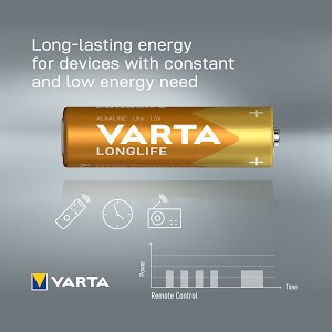 VARTA Longlife, Alkaline Battery, AA, Mignon LR6, 1,5V, 4-pack, Made in Germany