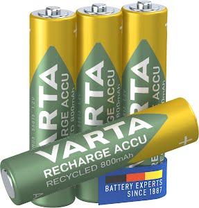 VARTA Recharge Accu Recycled AAA 800 mAh 4-pack (Pre-charged NiMH Accu, Micro, 21 % recycled materials, rechargeable battery, ready to use)