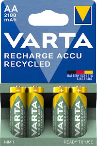 VARTA Recharge Accu Recycled AA 2100 mAh 4-pack (Pre-charged NiMH Accu, Mignon, 21 % recycled materials, rechargeable battery, ready to use)