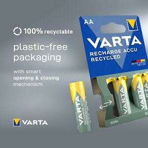 VARTA Recharge Accu Recycled AA 2100 mAh 4-pack (Pre-charged NiMH Accu, Mignon, 21 % recycled materials, rechargeable battery, ready to use)