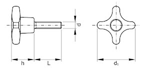 Four-arm knob with steel zinc plated threaded end Plastique renforcé de fibres de verre