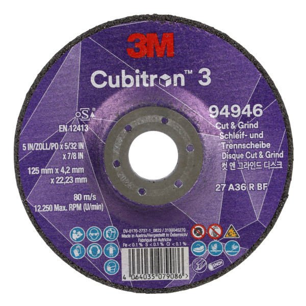 3M Cubitron 3 Cut & Grind disc, 94946, 36+, T27, 125 mm x 4.2 mm x 22.23 mm, EN, 10/package, 20 pieces/box