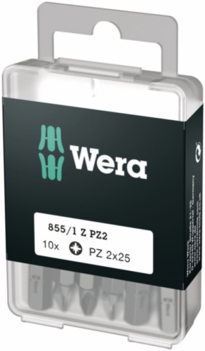 Wera 851/1 Z Set di punte Pozidriv per il fai da te in cassetta di plastica PZ2 x 25 mm 1/4” Hex 10 pezzi