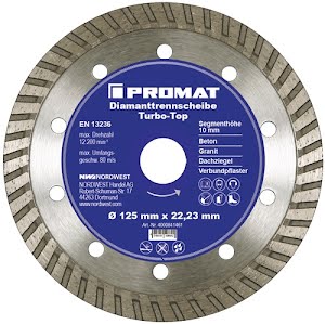 Disque à tronçonner diamant D. 115 mm perçage 22,23 mm âme en acier 10 mm PROMAT