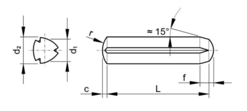 Rýhovaný kolík s rovnoběžným drážkováním po celé délce a zkosením DIN 1473 Automatová ocel