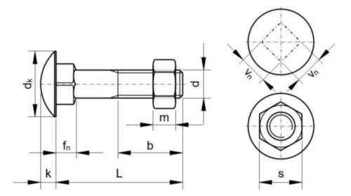 Šroub s půlkulatou hlavou, čtvercovým krkem a šestihrannou maticí DIN 603/555 Ocel Pozinkované 4.8