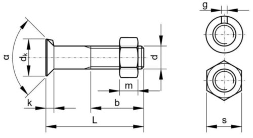 Verzonkenkop nokbout met zeskantmoer DIN 604/555 Staal Blank 4.6 M10X90