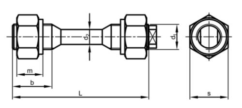 Svorník se zúžením a 2 šestihrannými maticemi DIN 2510 L/NF Ocel 21CrMoV5-7+QT (1.7709)/25CrMo4+QT (1.7218) Bez PU M16X150