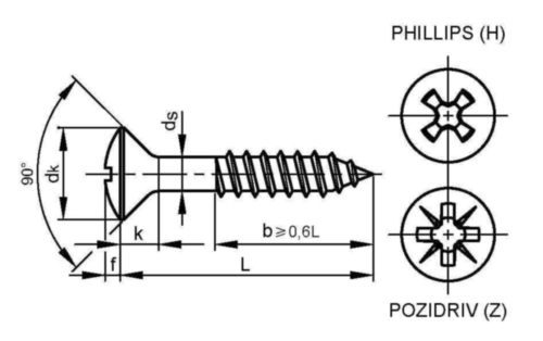 Bolverzonken houtschroef met Pozidriv kruisgleuf DIN 7995-Z Roestvaststaal (RVS) A2 4,5X65MM