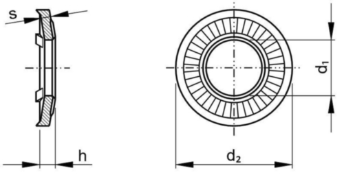 Kontaktní pojistná podložka, úzká, s uzemňovacími body NF ≈E25-511 Pružinová ocel Mechanický zinek se silnou pasivací Cr(III)