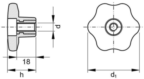 Six-lobe knob with brass thread insert and through hole Plastique renforcé de fibres de verre ouvert