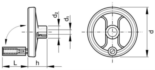 Handwheel with two spokes and revolving foldaway handle Glass-fiber reinforced plastic