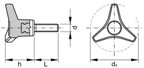 Three-arm knob with threaded end Glasfaserverstärkter Kunststoff