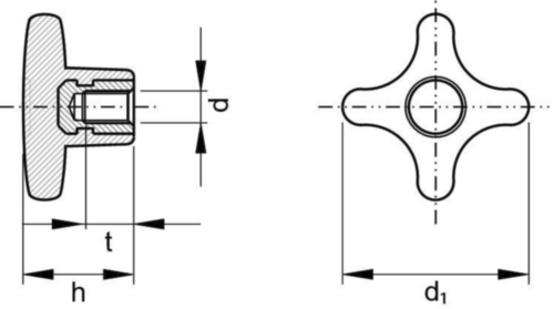 Four-arm knob with brass thread insert Glass-fibre reinforced plastic