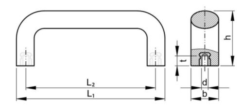 Solid bridge handle (bow grip) with brass threaded bushes Glass-fibre reinforced plastic M8X168MM