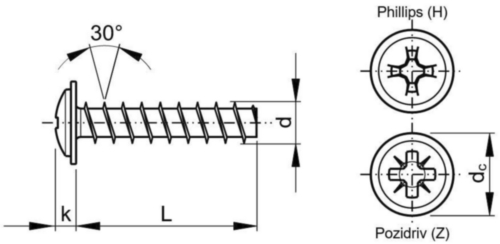 Zelf draadvormende schroeven, 30 graden, flenskop (H) Staal Elektrolytisch verzinkt