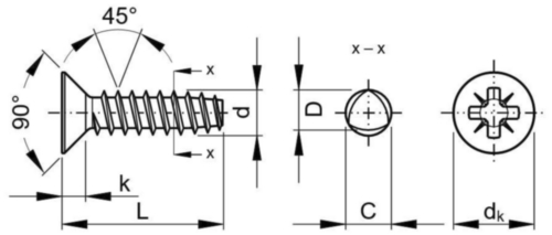 Zelf draadvormende schroeven, 45 graden, verzonken kop (Z) Roestvaststaal (RVS) A2