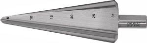 Conical sheet metal bit drill. range 5-31 mm HSS-Co overall length 103 mm no. of