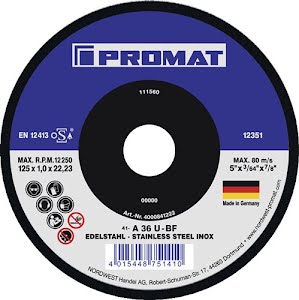 Disque à tronçonner D125x1 mm droit grain céramique perçage 22,23 mm PROMAT