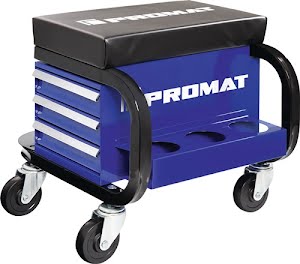 Promat Workshop sliding seat with castors and rack leather cushion blue/black