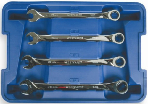 Westward Combination spanners with ring ratchet reversible sets