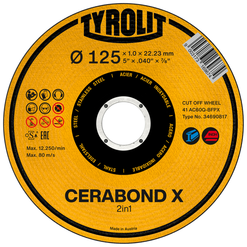 Tyrolit Premium*** Cut-off wheel for angle grinders 41F 125x1,6x22,23 CA46Q-BFP CERABOND-X